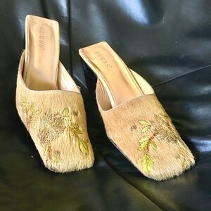 GUESS Fur Champagne Embroidery Leather Mules Heels